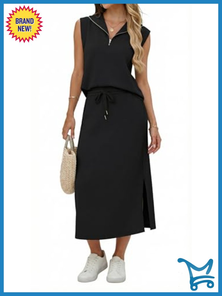 Casual 2 Piece Skirt Set Half Zip Cap Sleeve Top Split Maxi Skirt Travel Outfit